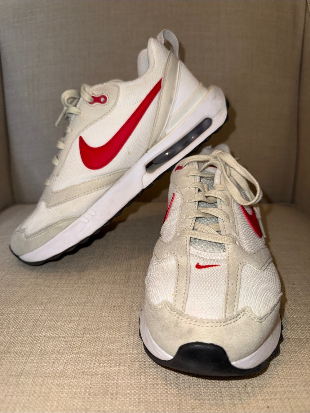 Nike Air Max Dawn in the "Light Bone/University Red" colorway